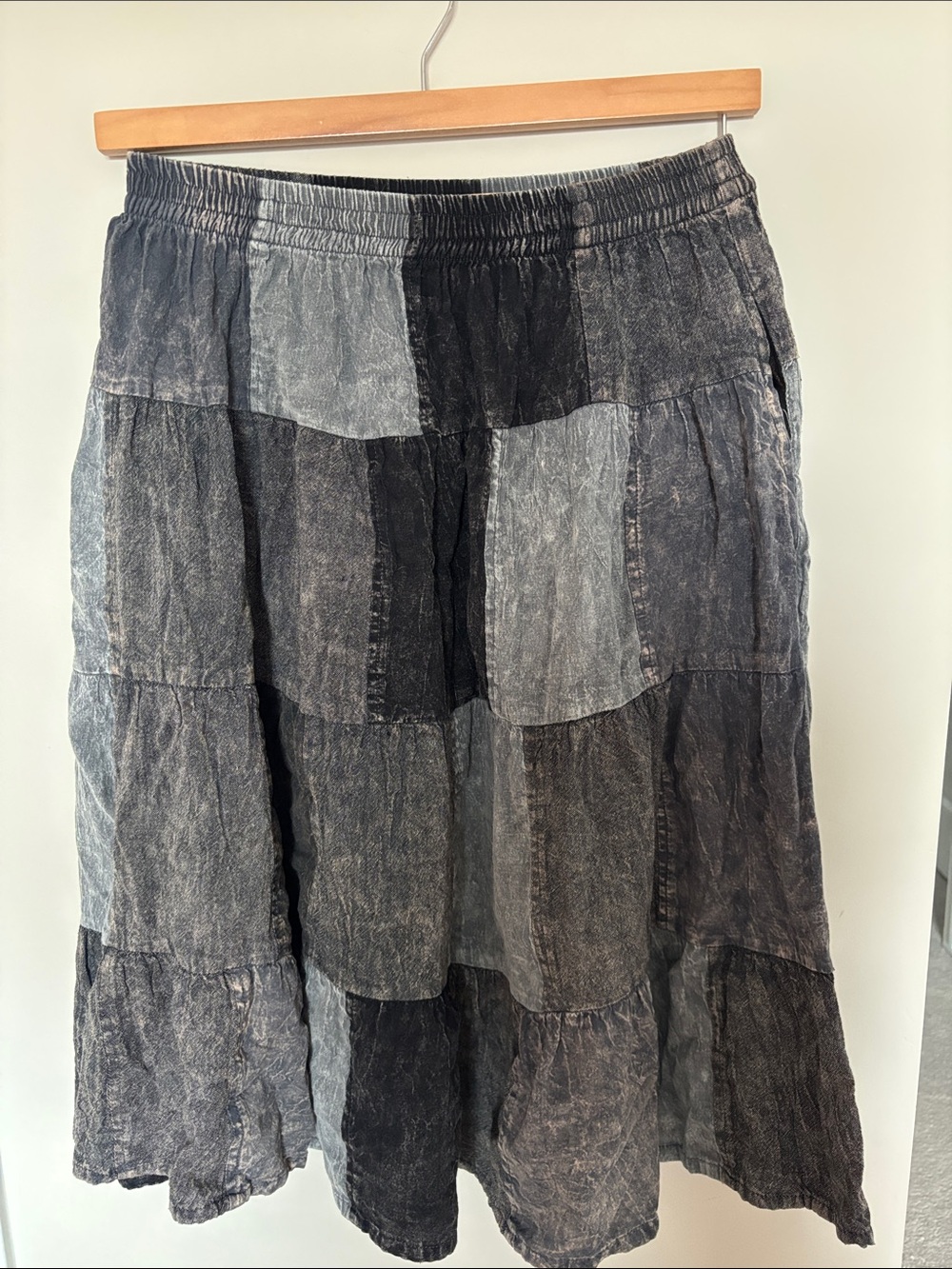 Women's Handmade Nepal Patchwork Cotton Skirt - Elastic Waist - Black/Gray
